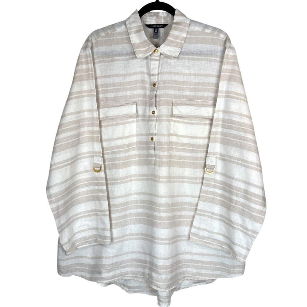 NOT FOR SALE Linen Tunic Top Striped Long Sleeve Button Up Shirt 2X Roll Tab